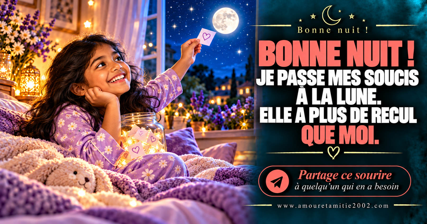 Bonne nuit ! Je passe mes soucis à la lune. Elle a plus de recul que moi.