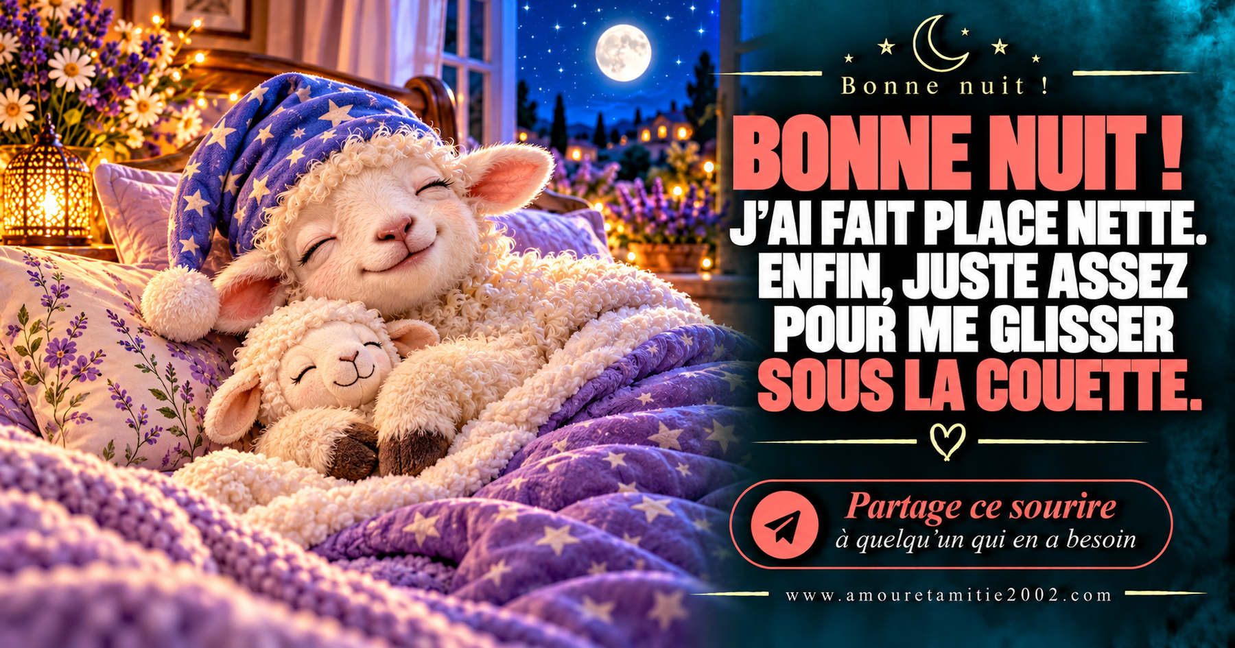 Bonne nuit ! J’ai fait place nette. Enfin, juste assez pour me glisser sous la couette.