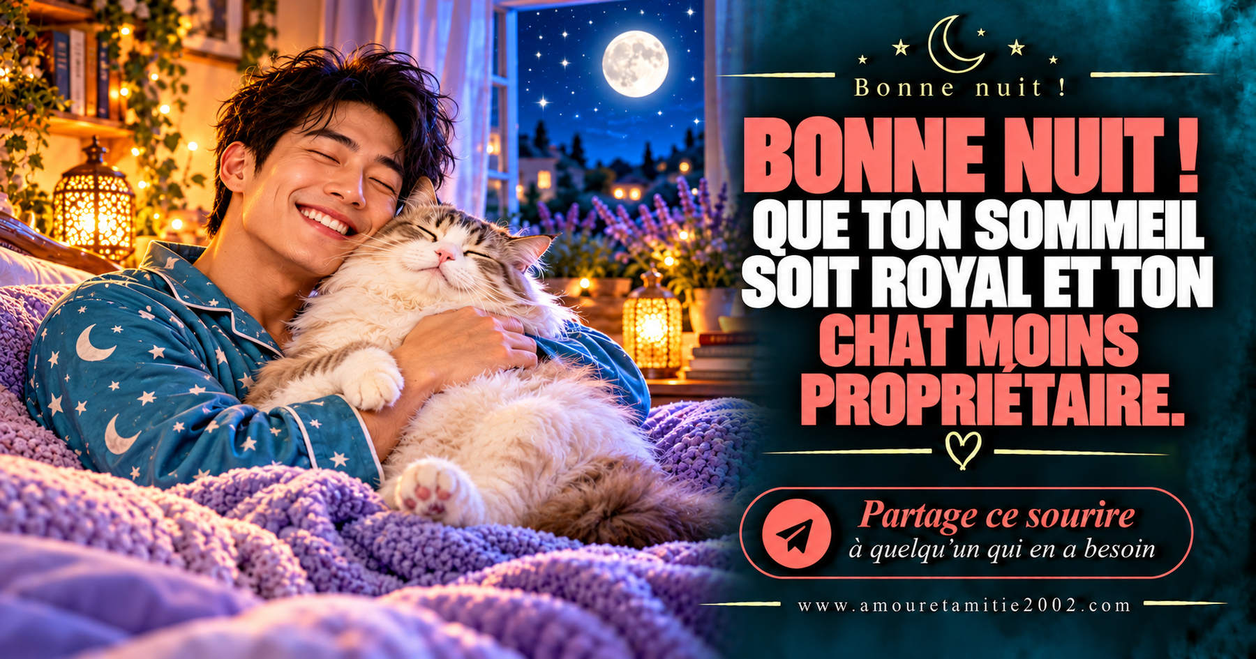 Bonne nuit ! Que ton sommeil soit royal et ton chat moins propriétaire.