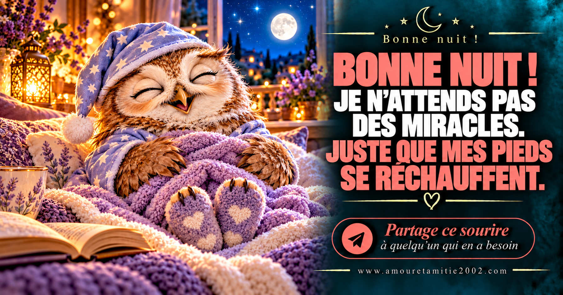 Bonne nuit ! Je n’attends pas des miracles. Juste que mes pieds se réchauffent.