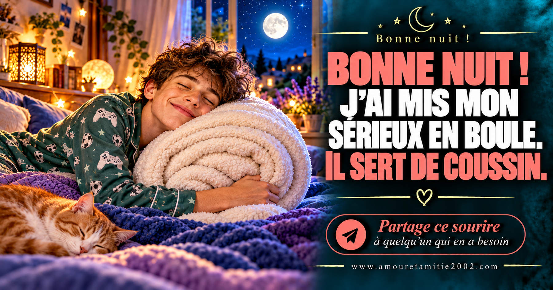 Bonne nuit ! J’ai mis mon sérieux en boule. Il sert de coussin.