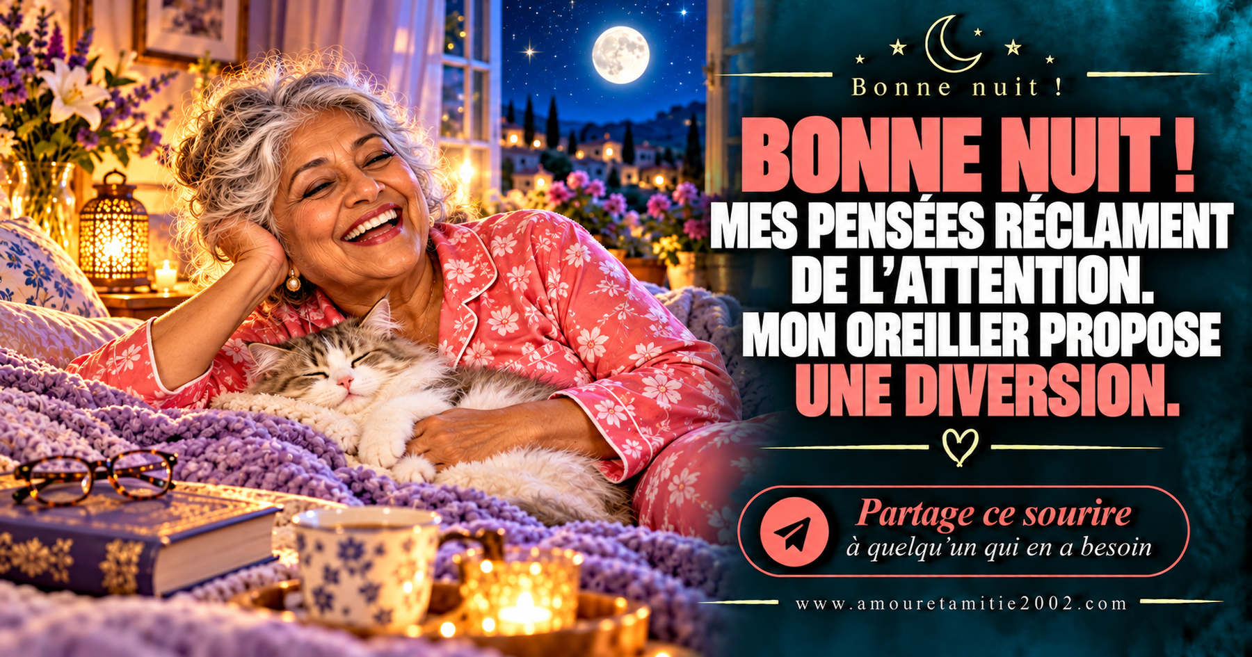 Bonne nuit ! Mes pensées réclament de l’attention. Mon oreiller propose une diversion.
