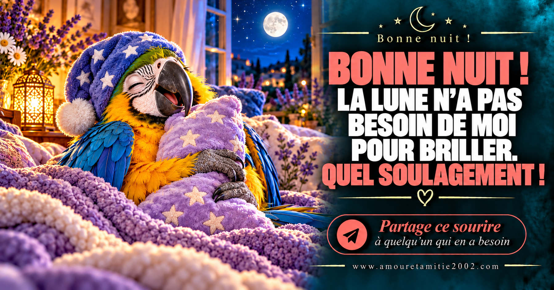 Bonne nuit ! La lune n’a pas besoin de moi pour briller. Quel soulagement !