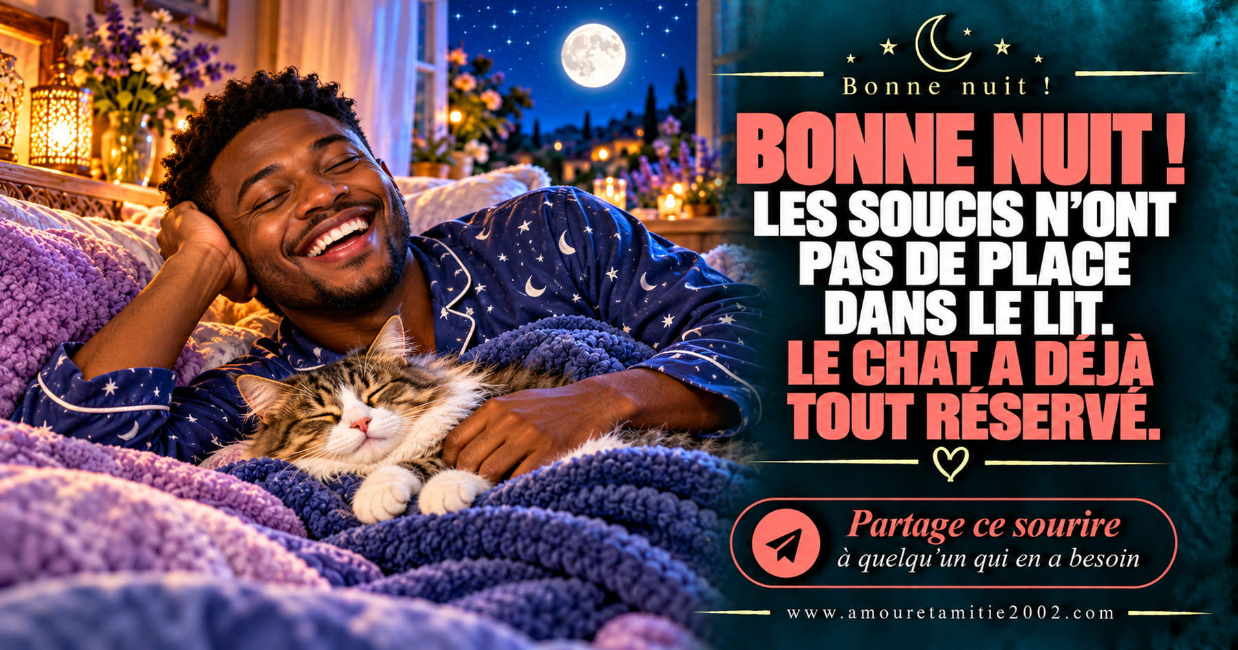 Bonne nuit ! Les soucis n’ont pas de place dans le lit. Le chat a déjà tout réservé.