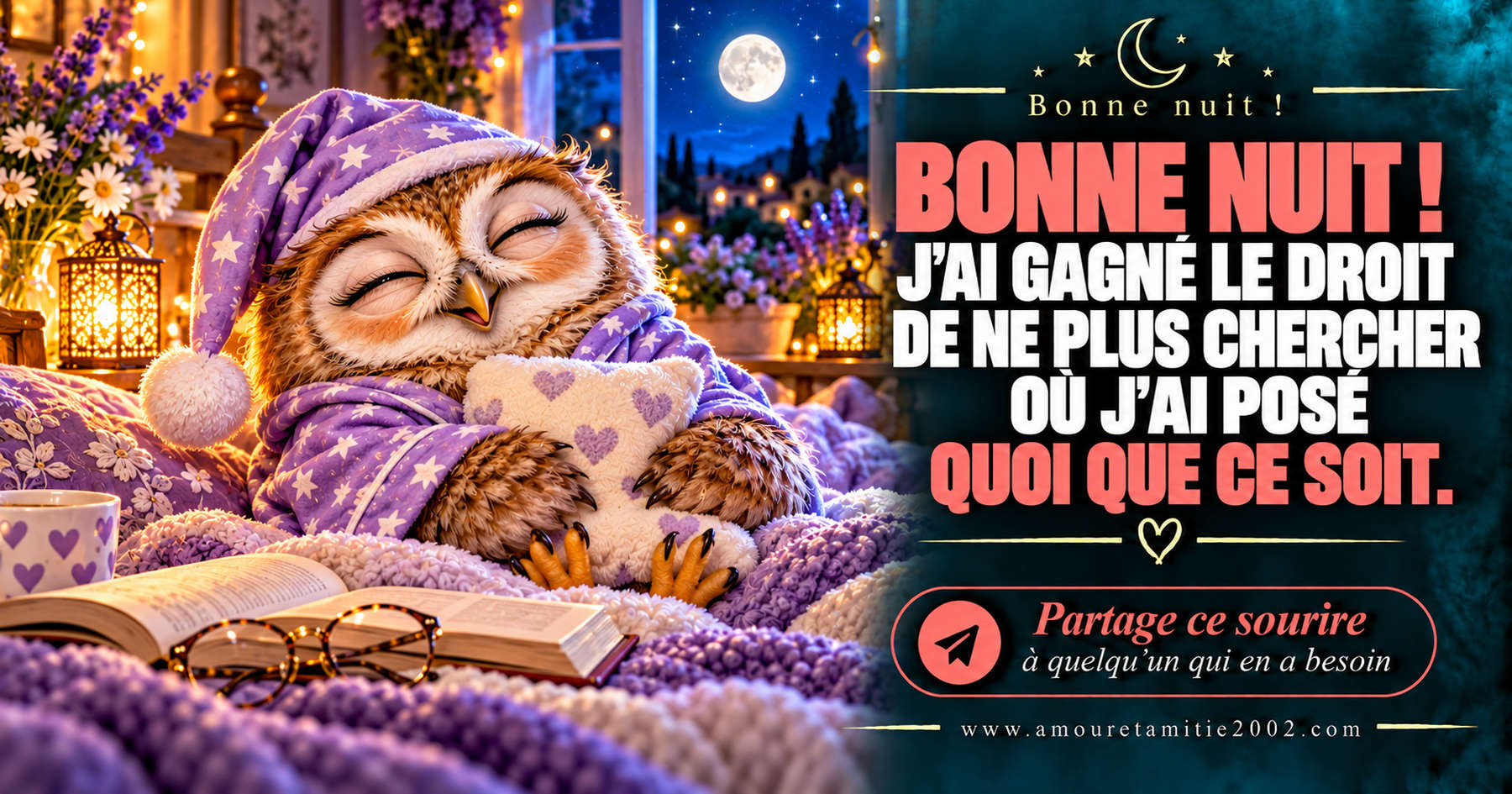 Bonne nuit ! J’ai gagné le droit de ne plus chercher où j’ai posé quoi que ce soit.