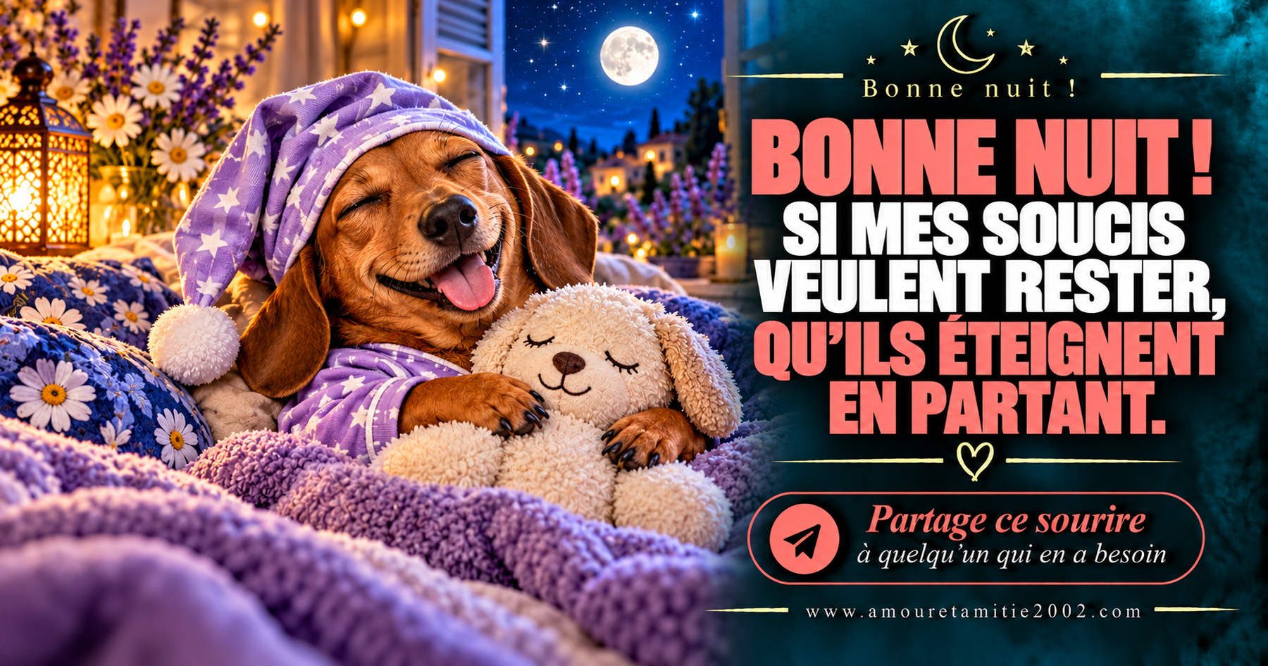 Bonne nuit ! Si mes soucis veulent rester, qu’ils éteignent en partant.