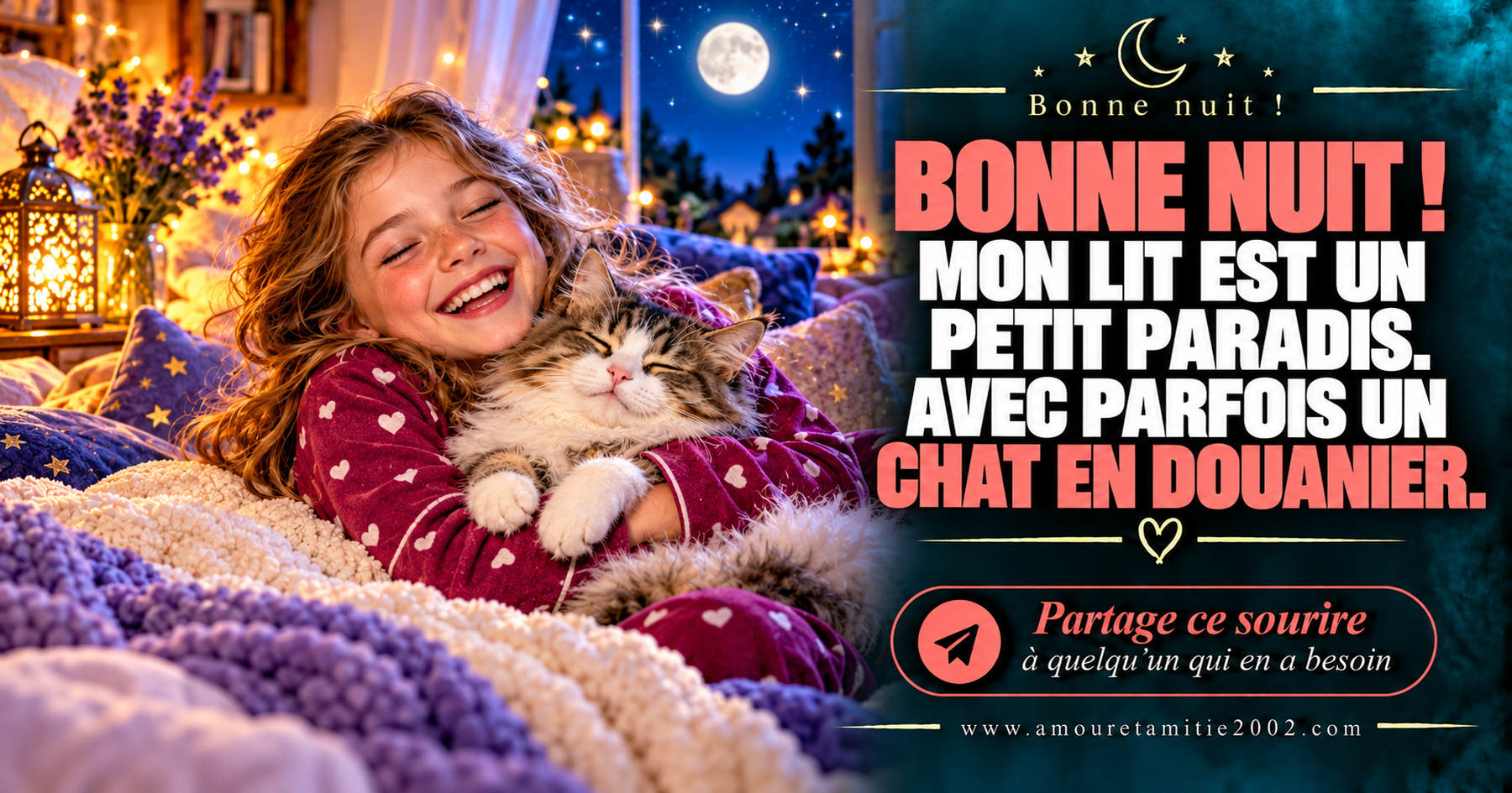 Bonne nuit ! Mon lit est un petit paradis. Avec parfois un chat en douanier.