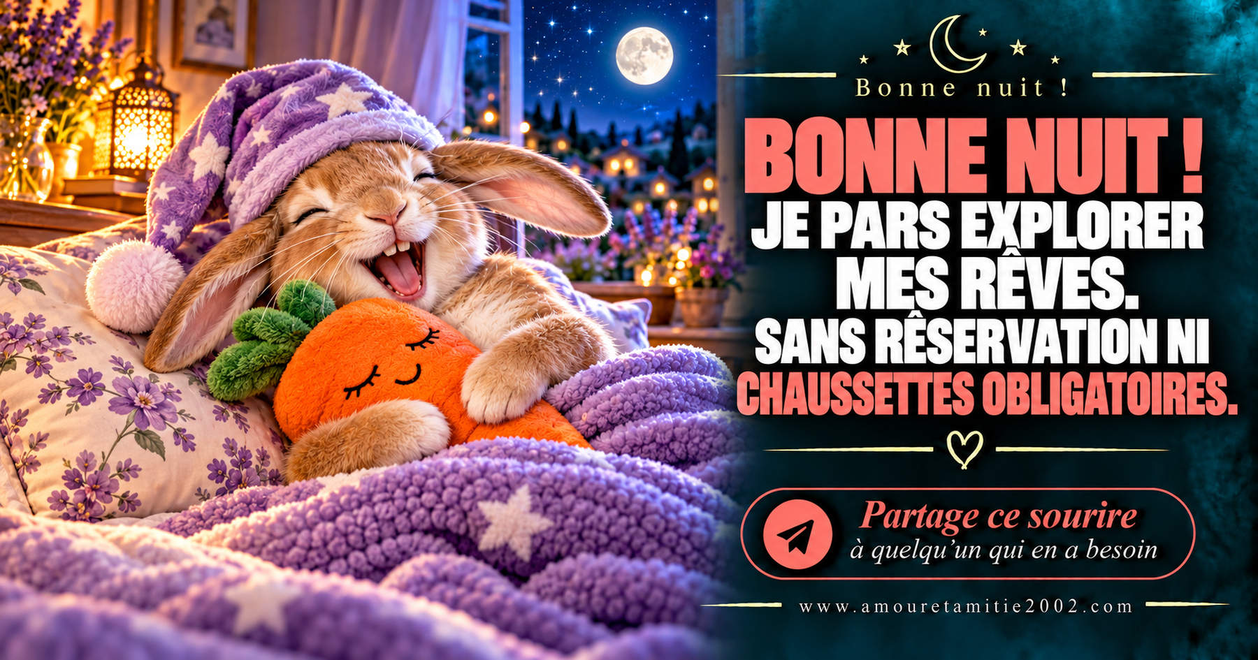 Bonne nuit ! Je pars explorer mes rêves. Sans réservation ni chaussettes obligatoires.