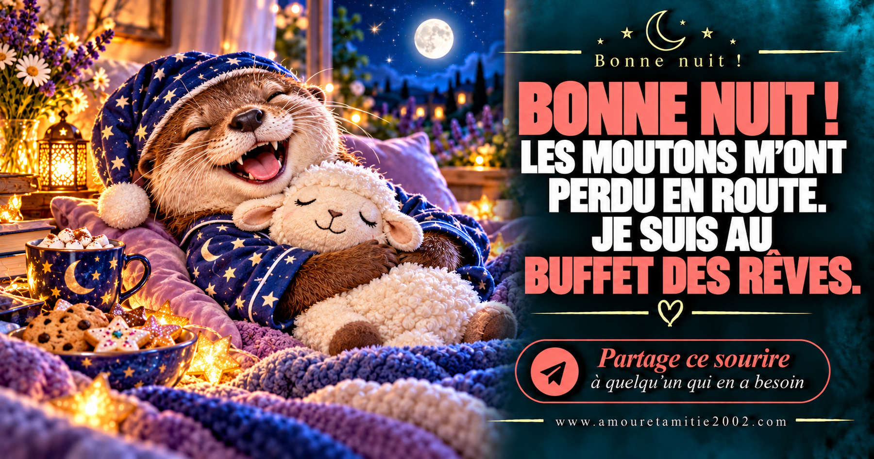 Bonne nuit ! Les moutons m’ont perdu en route. Je suis au buffet des rêves.