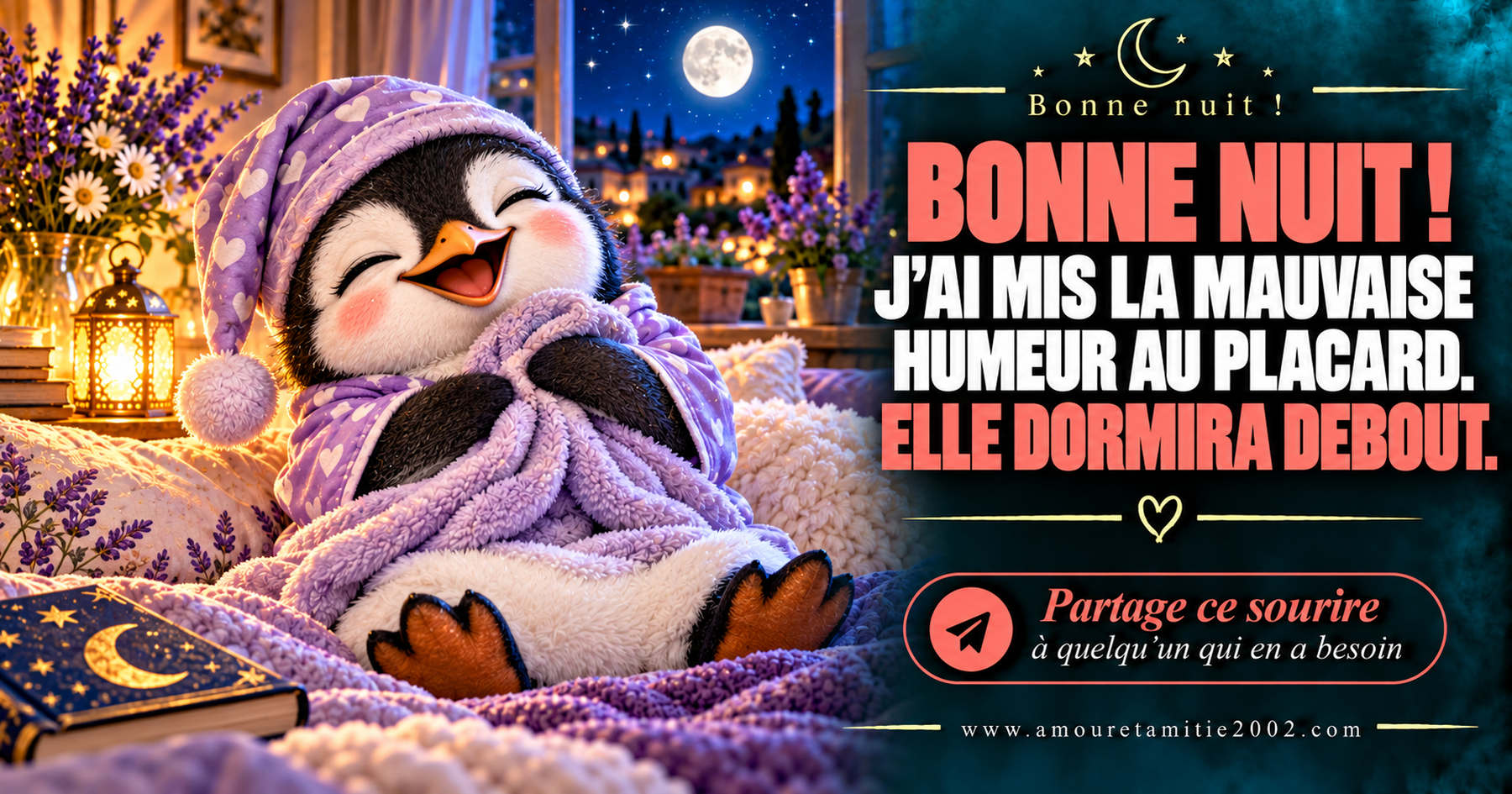 Bonne nuit ! J’ai mis la mauvaise humeur au placard. Elle dormira debout.