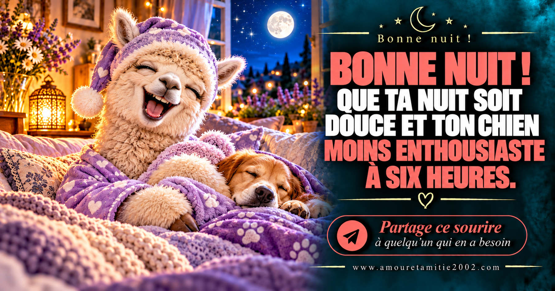 Bonne nuit ! Que ta nuit soit douce et ton chien moins enthousiaste à six heures.