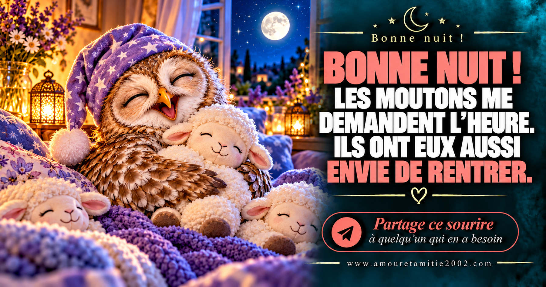 Bonne nuit ! Les moutons me demandent l’heure. Ils ont eux aussi envie de rentrer.