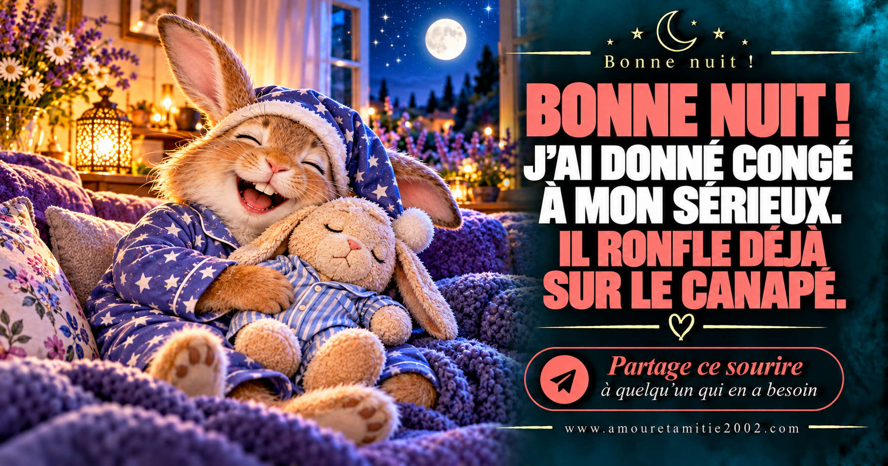 Bonne nuit ! J’ai donné congé à mon sérieux. Il ronfle déjà sur le canapé.