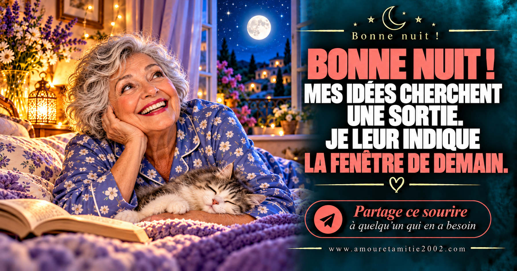 Bonne nuit ! Mes idées cherchent une sortie. Je leur indique la fenêtre de demain.