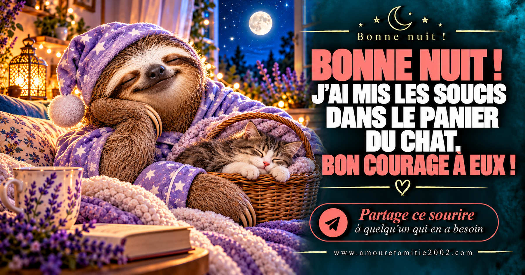 Bonne nuit ! J’ai mis les soucis dans le panier du chat. Bon courage à eux !