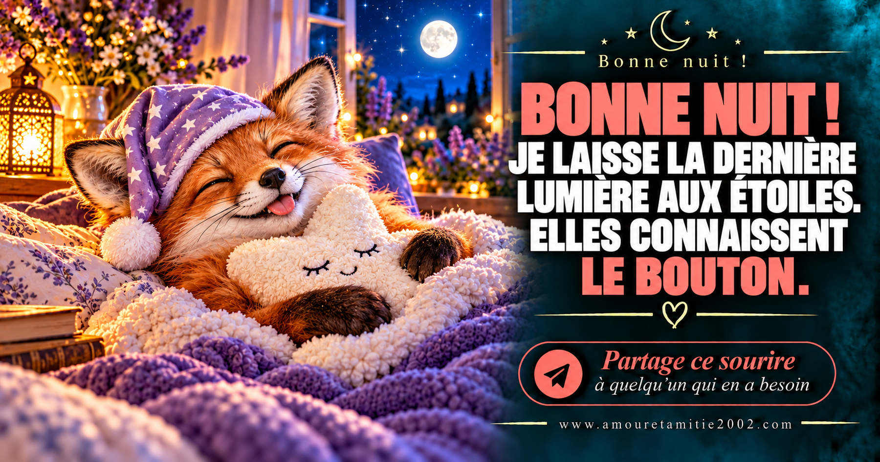Bonne nuit ! Je laisse la dernière lumière aux étoiles. Elles connaissent le bouton.