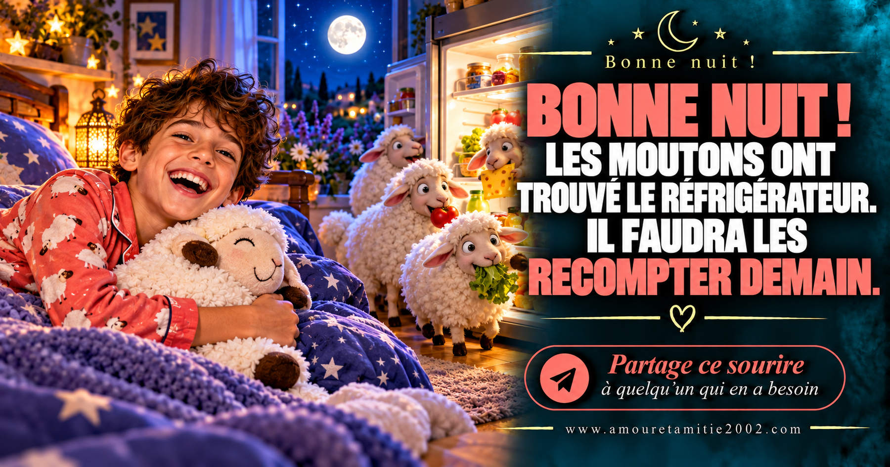 Bonne nuit ! Les moutons ont trouvé le réfrigérateur. Il faudra les recompter demain.
