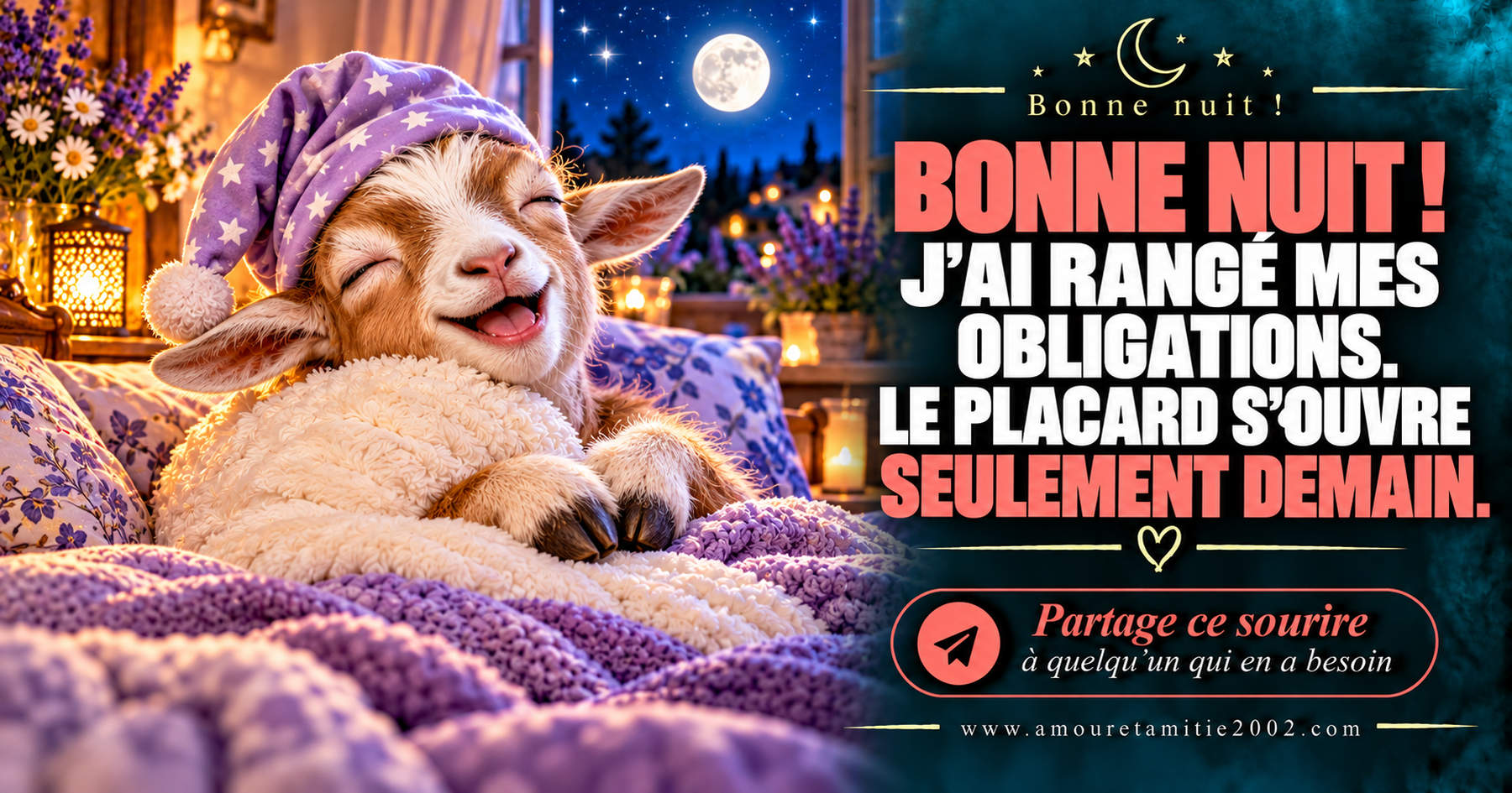 Bonne nuit ! J’ai rangé mes obligations. Le placard s’ouvre seulement demain.