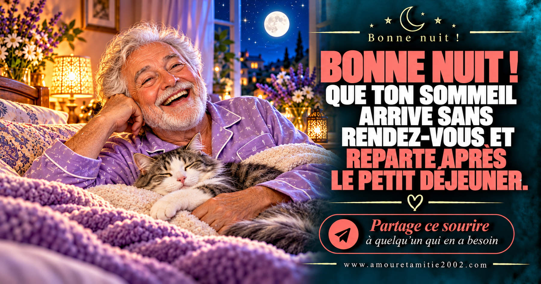 Bonne nuit ! Que ton sommeil arrive sans rendez-vous et reparte après le petit déjeuner.