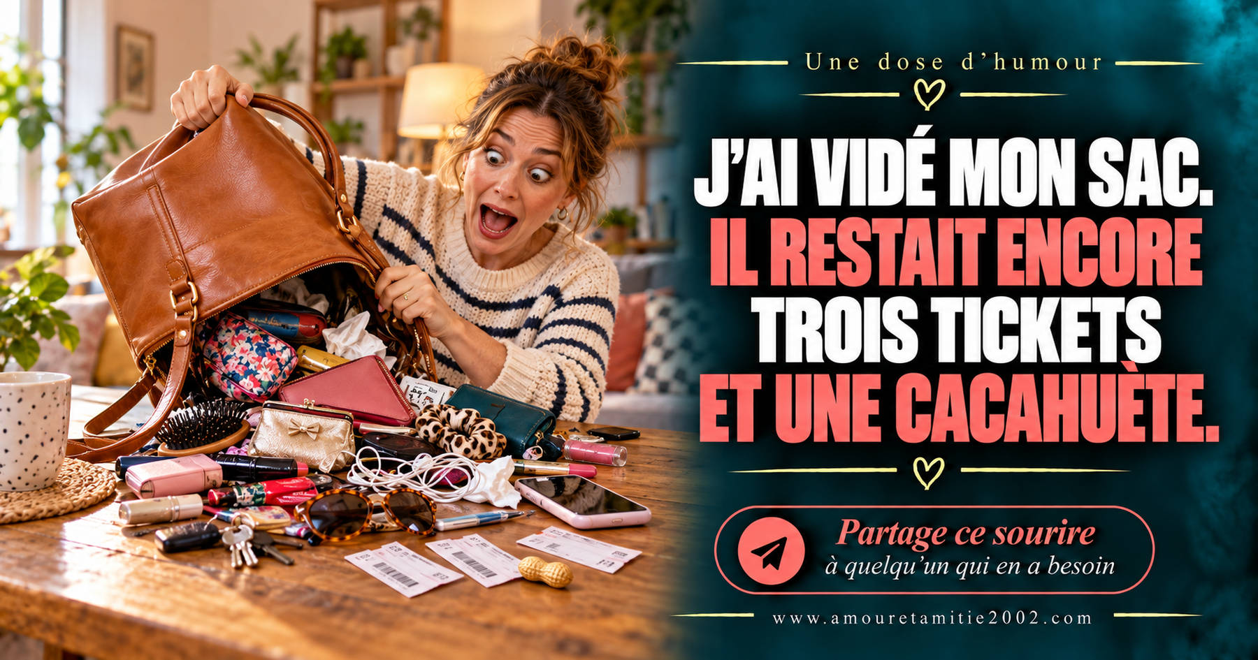 J’ai vidé mon sac. Il restait encore trois tickets et une cacahuète.