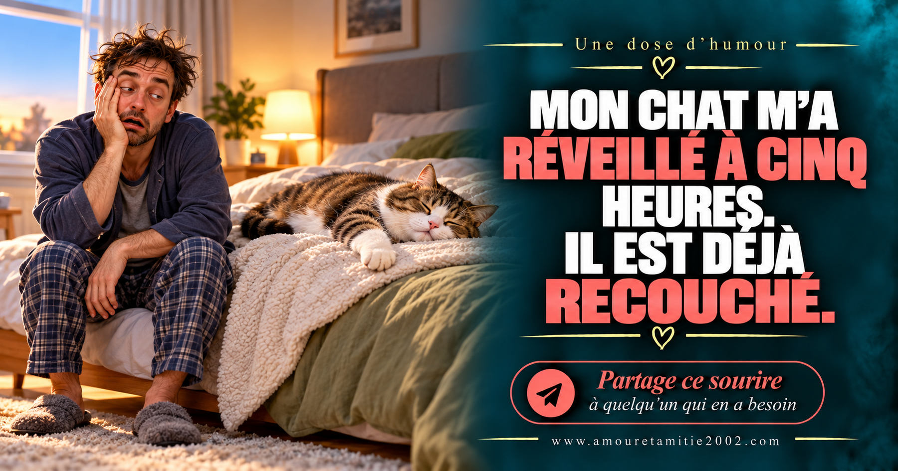 Mon chat m’a réveillé à cinq heures. Il est déjà recouché.