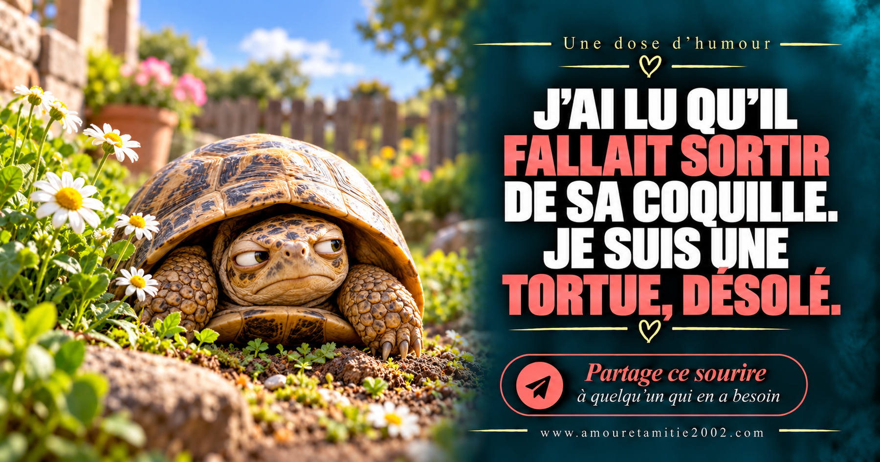J’ai lu qu’il fallait sortir de sa coquille. Je suis une tortue, désolé.