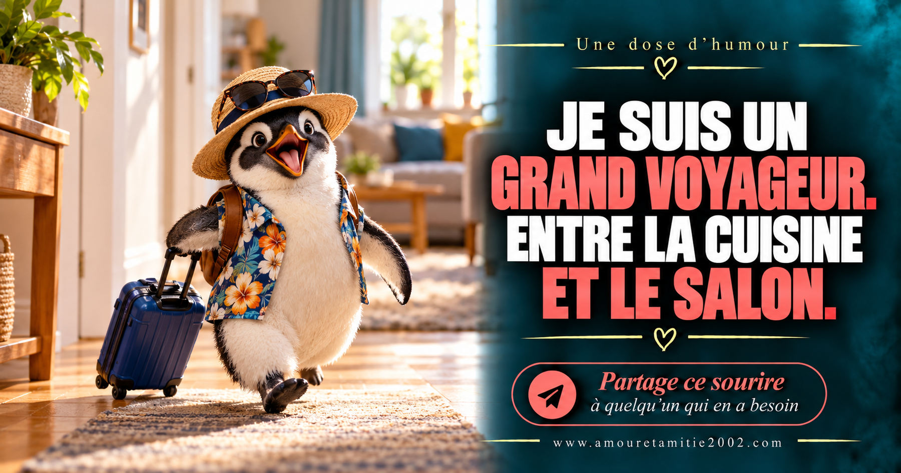 Je suis un grand voyageur. Entre la cuisine et le salon.