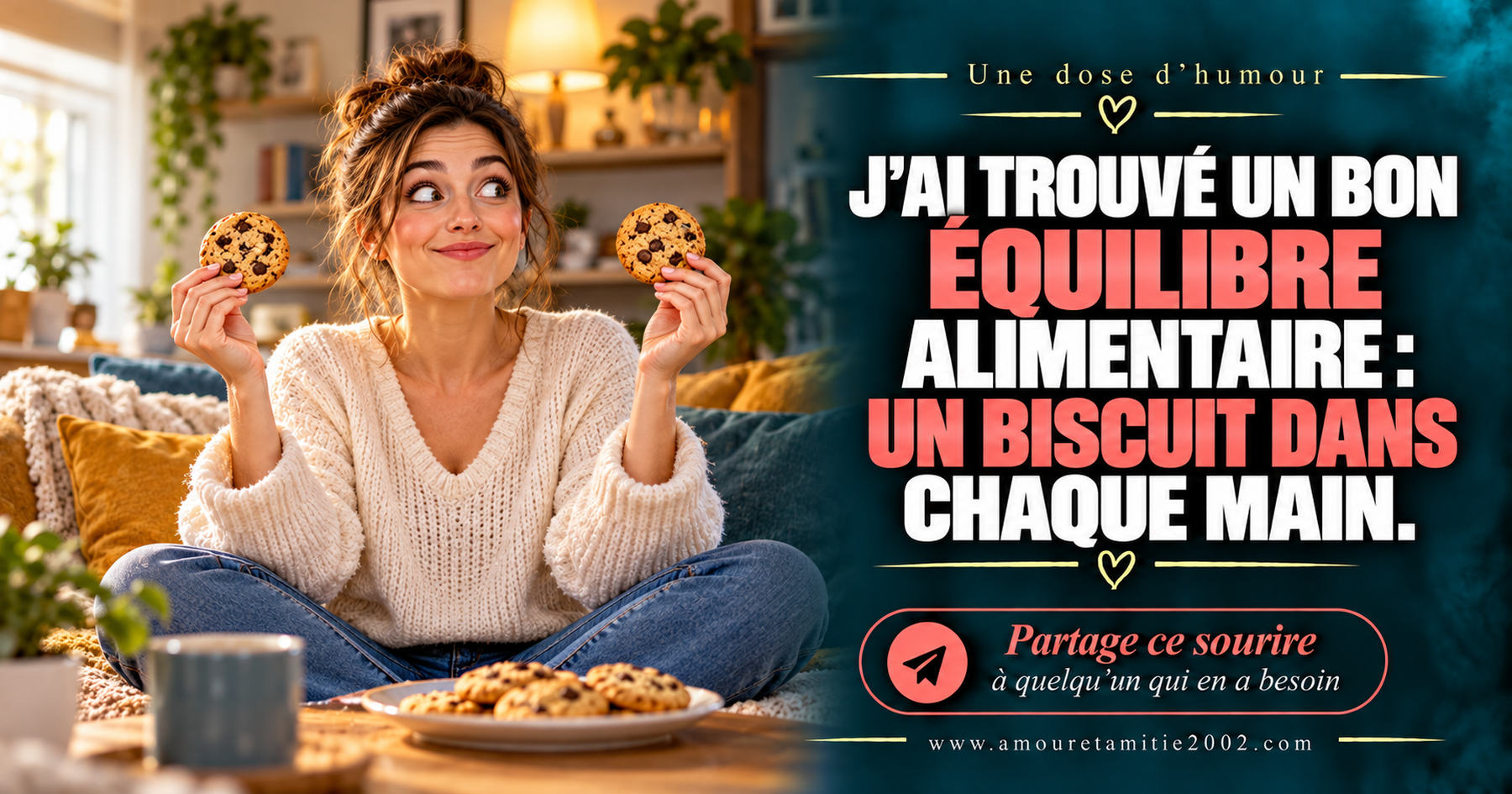 J’ai trouvé un bon équilibre alimentaire : un biscuit dans chaque main.