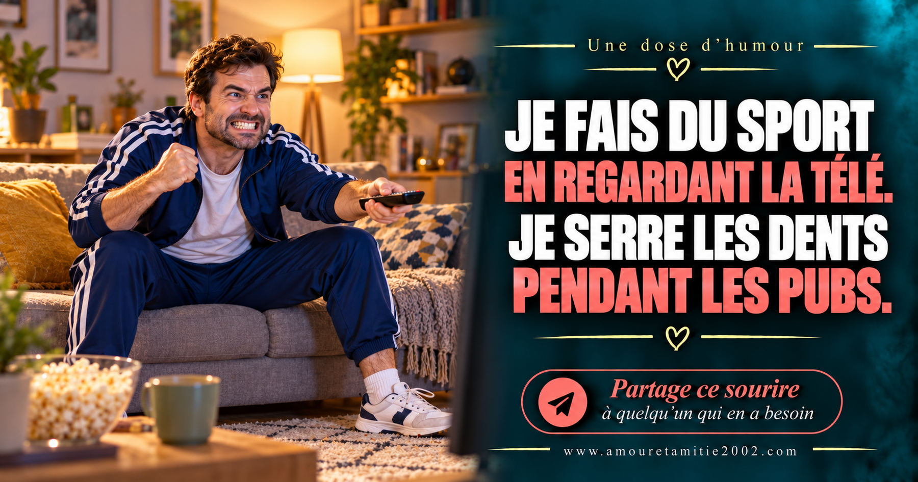 Je fais du sport en regardant la télé. Je serre les dents pendant les pubs.