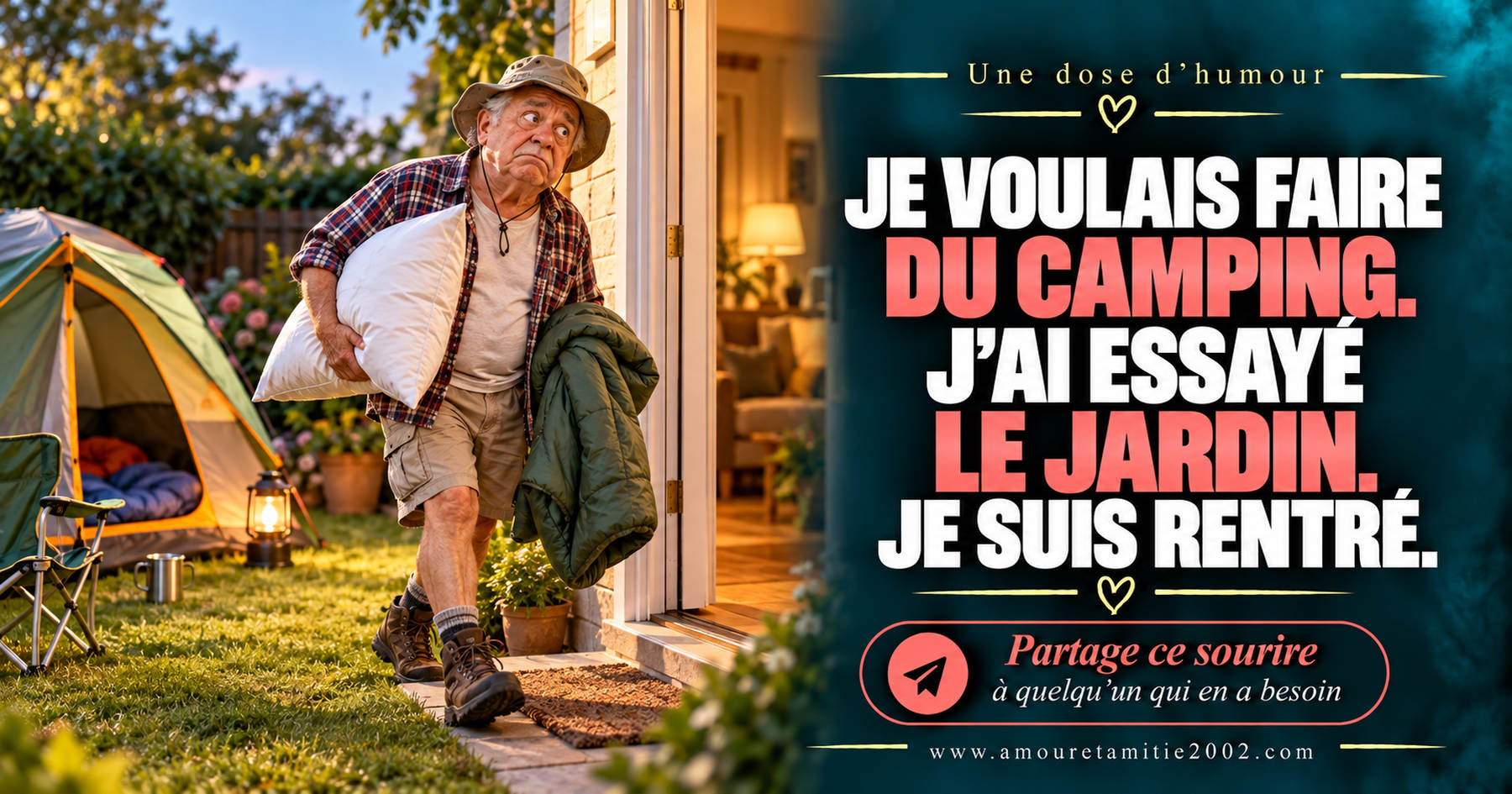Je voulais faire du camping. J’ai essayé le jardin. Je suis rentré.