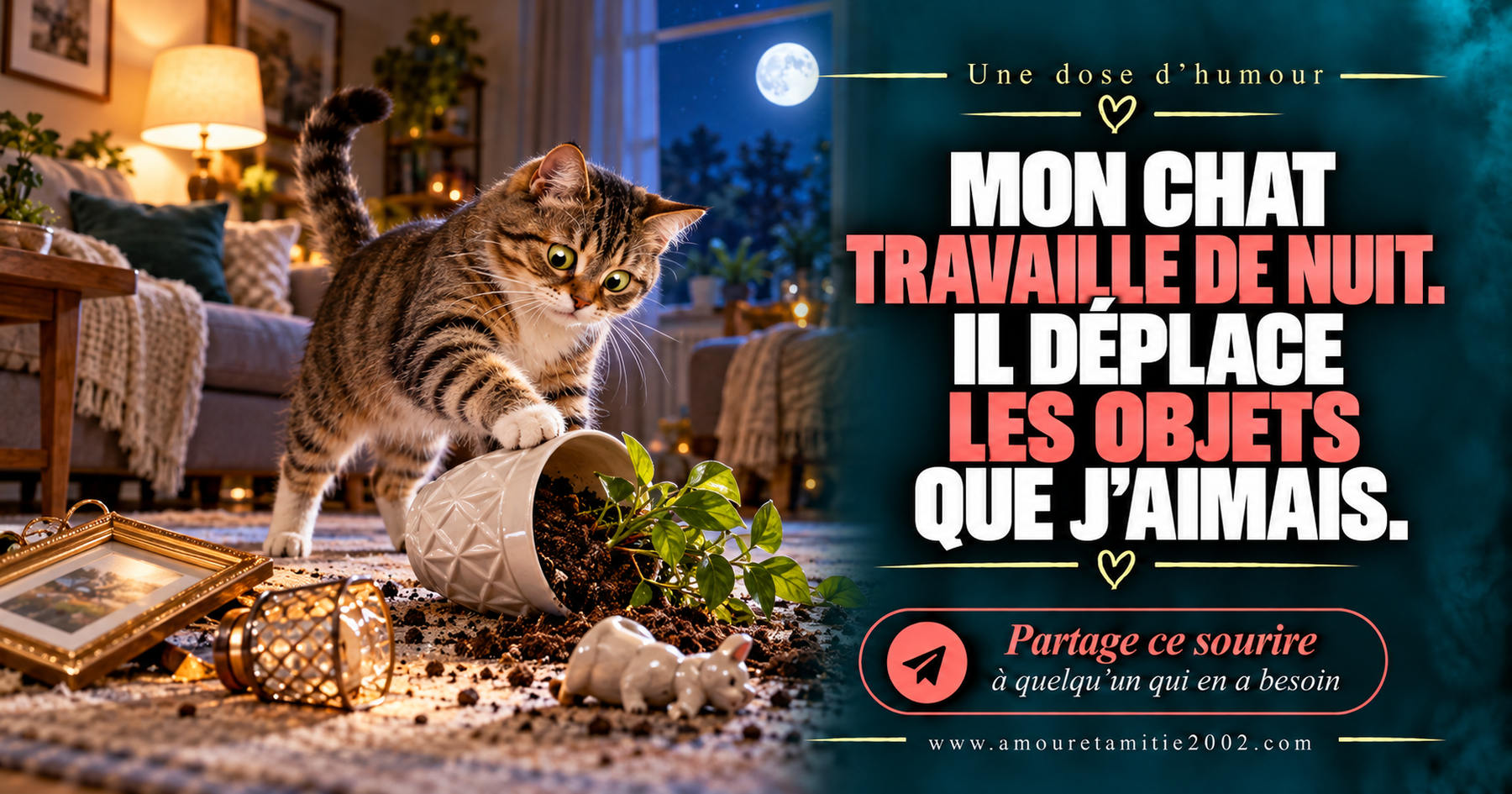 Mon chat travaille de nuit. Il déplace les objets que j’aimais.