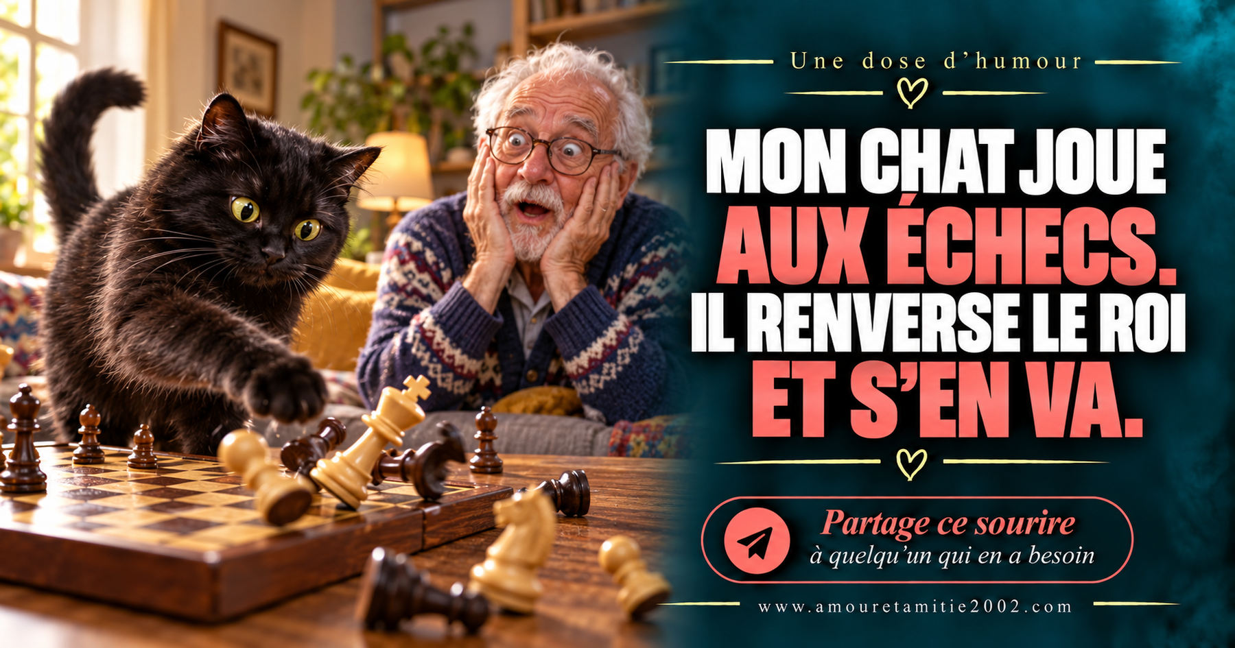 Mon chat joue aux échecs. Il renverse le roi et s’en va.