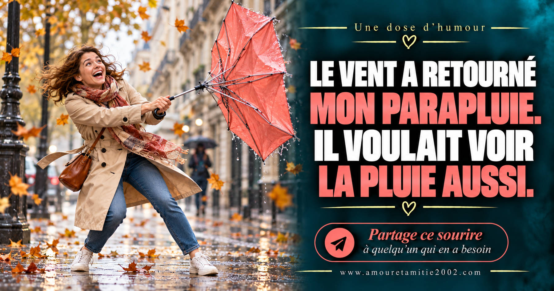 Le vent a retourné mon parapluie. Il voulait voir la pluie aussi.