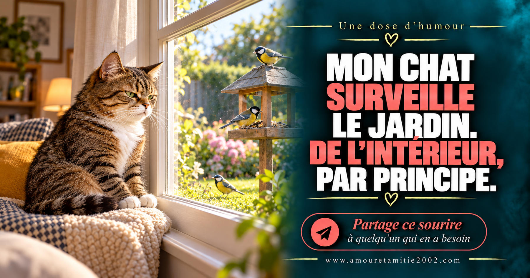 Mon chat surveille le jardin. De l’intérieur, par principe.