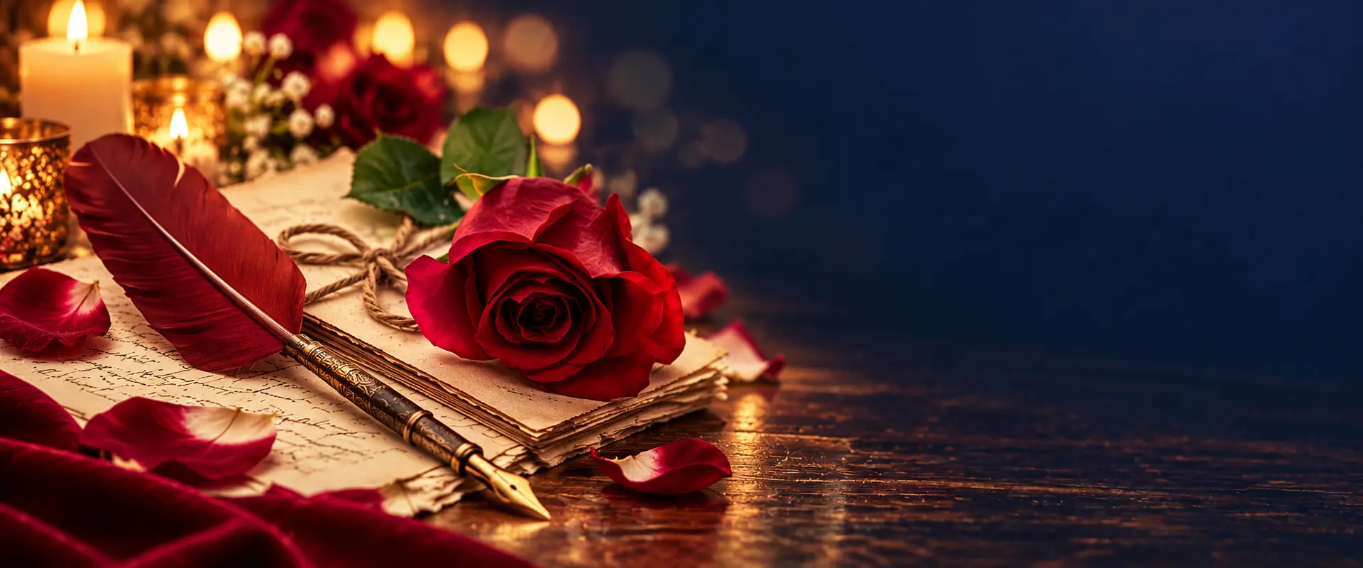 Album de cartes romantiques, roses rouges, plume et enveloppe cachetée dans une lumière chaleureuse