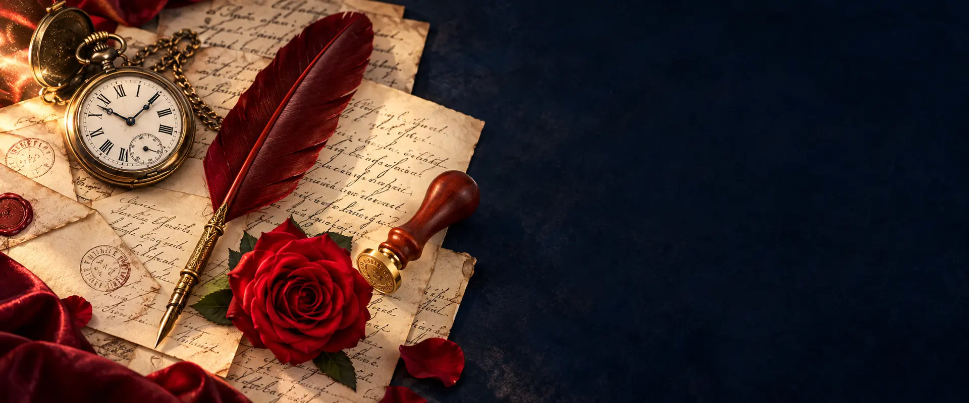 Plume rouge, montre ancienne et rose posées sur des lettres manuscrites
