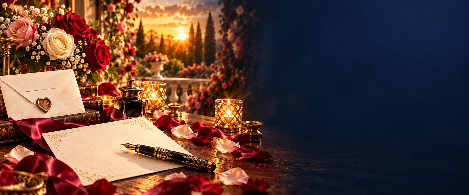 Lettre vierge, plume et roses dans un jardin romantique, avec espace de lecture à droite