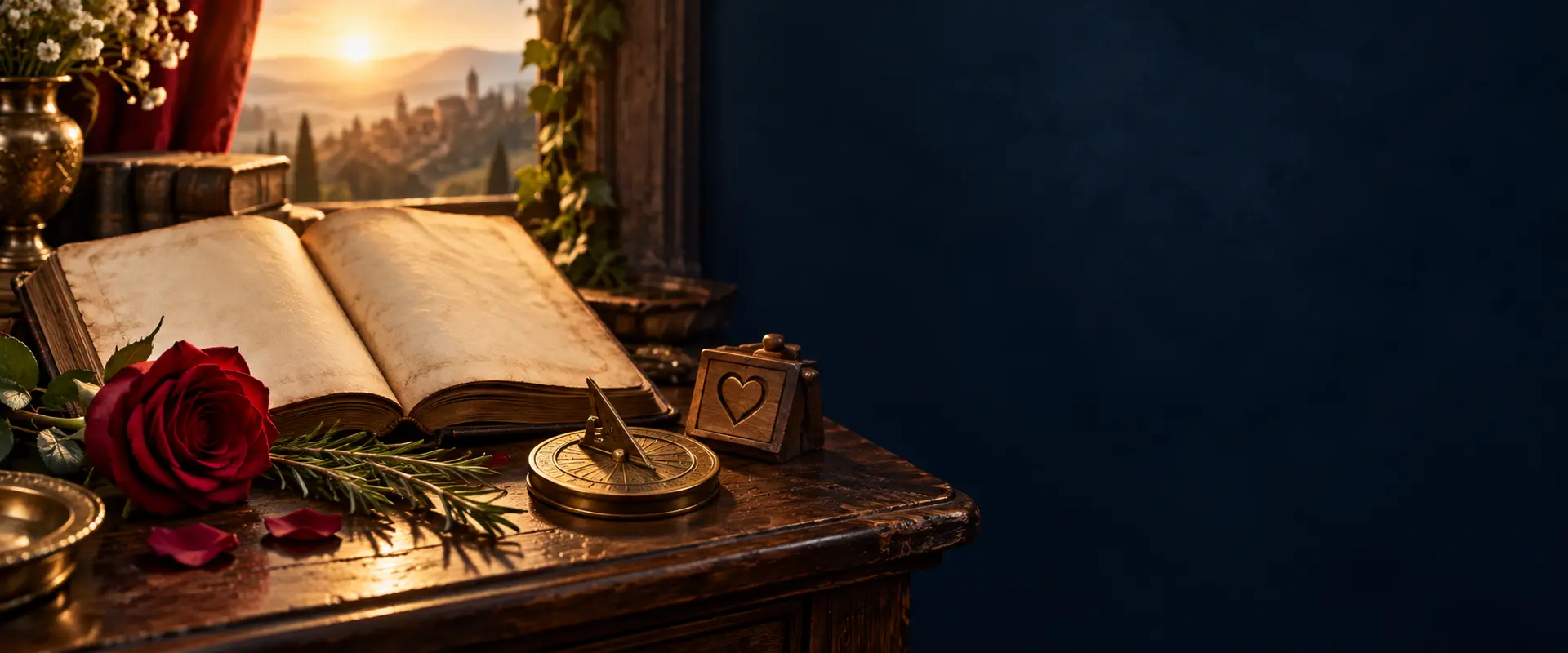 Rose rouge, livre ancien et cadran solaire sur une table sombre