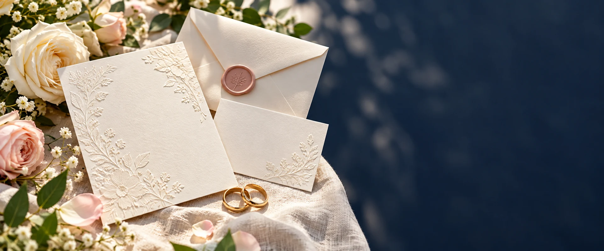 Faire-part ivoire, carton de réception, fleurs et alliances pour annoncer un mariage