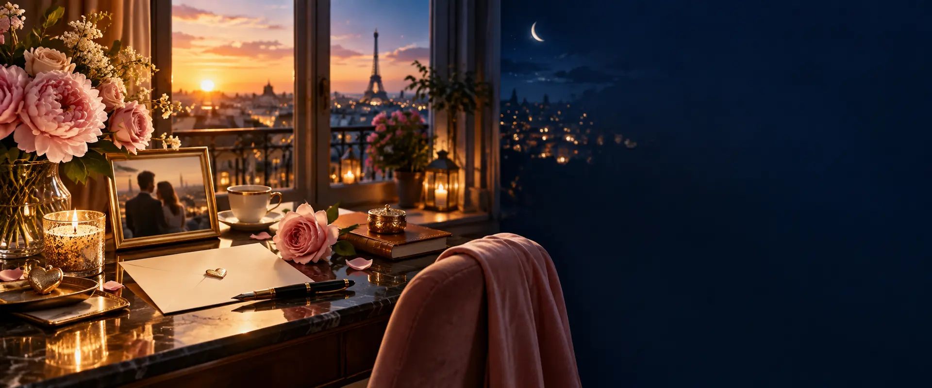 Fleurs, carte et souvenir dans une atmosphère tendre entre le jour et la nuit