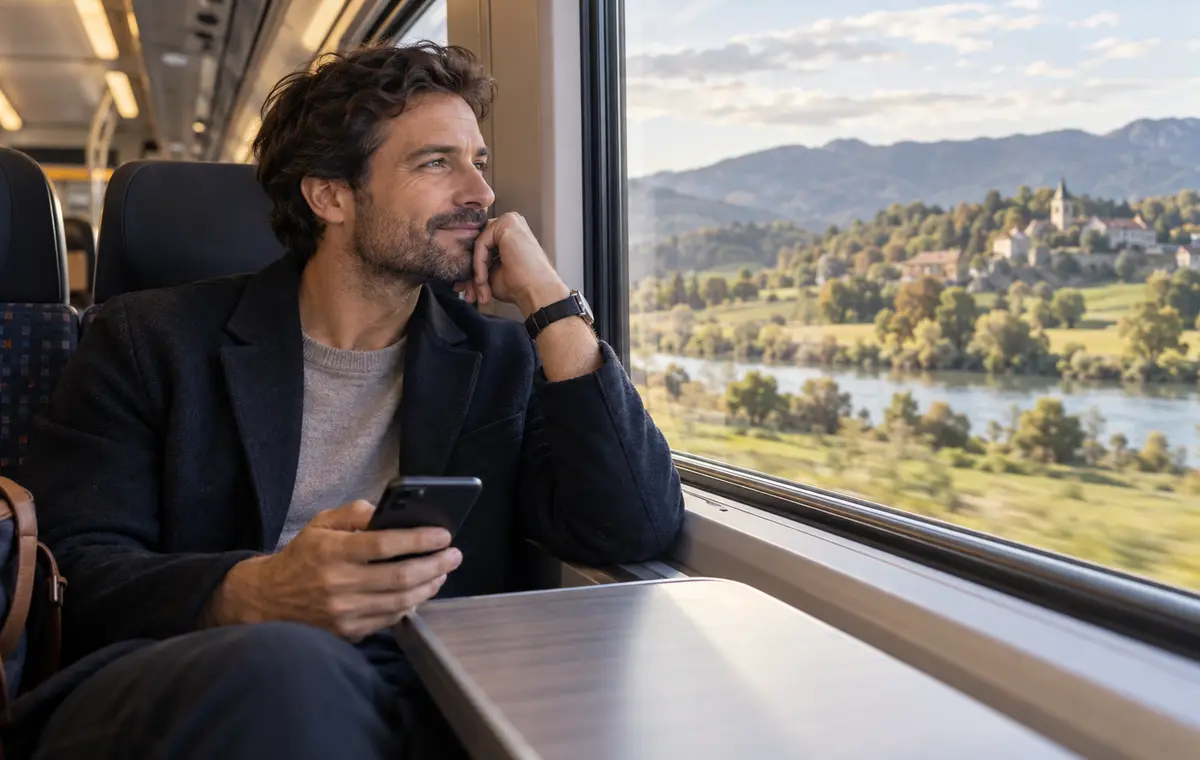 Un homme voyage en train en regardant le paysage