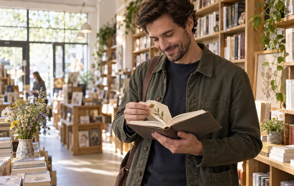 Un homme découvre une fleur séchée dans un livre