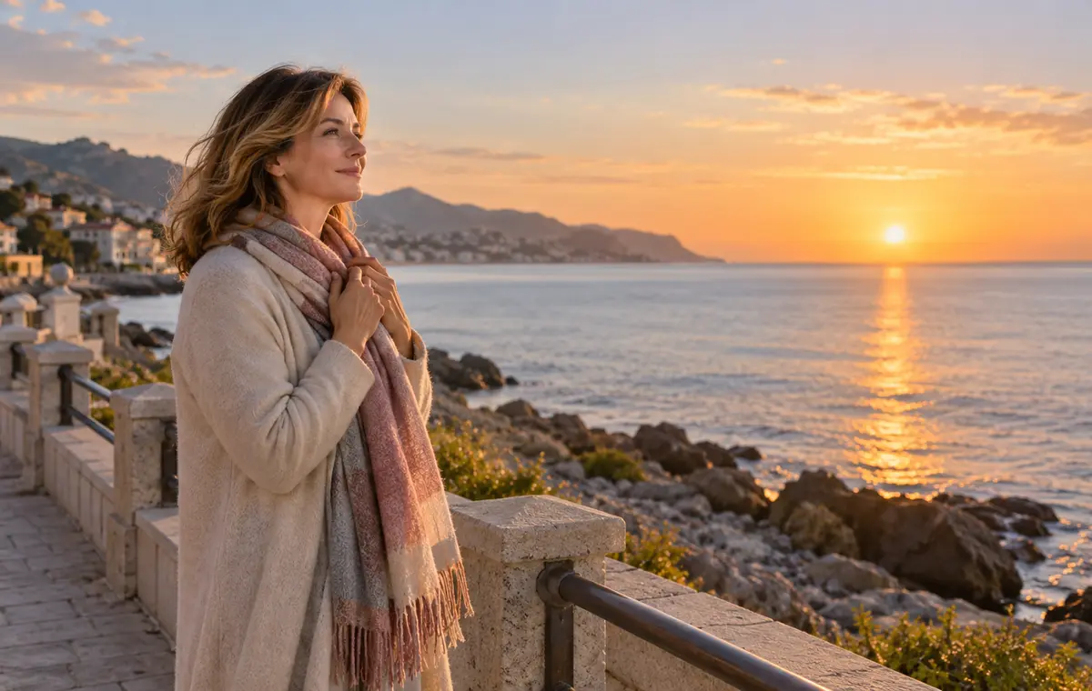 Une femme contemple la mer au lever du soleil