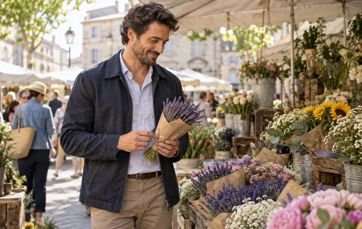 Un homme choisit un bouquet de lavande au marché aux fleurs