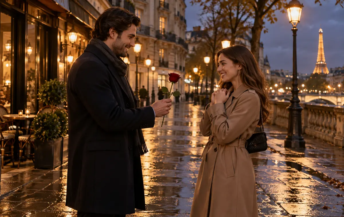 Un homme offre une rose à la personne aimée