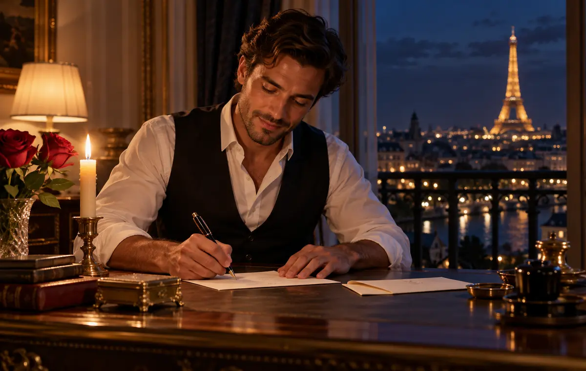 Un homme écrit une lettre d’amour à la lueur d’une bougie