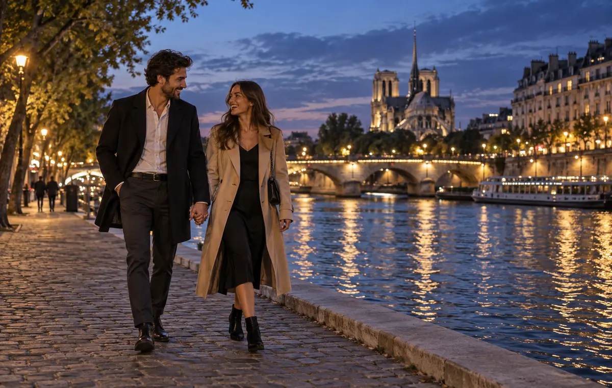 Un couple amoureux marche au bord de la Seine