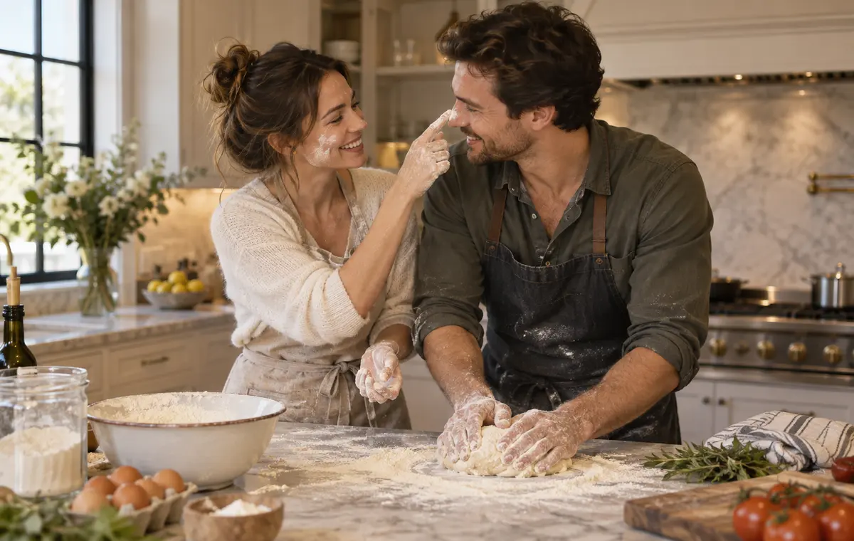 Un couple rit en préparant un repas ensemble