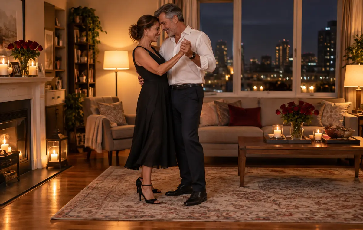 Un couple mûr danse tendrement dans son salon