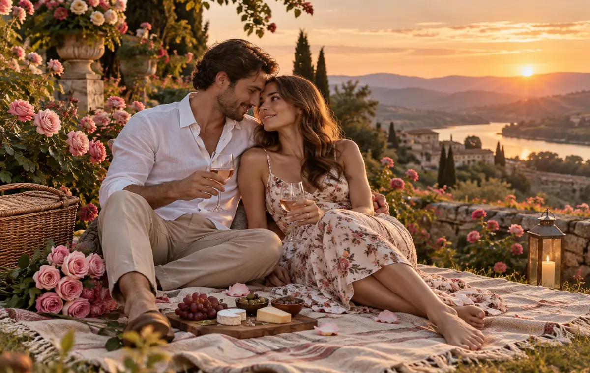 Un couple partage un pique-nique au coucher du soleil